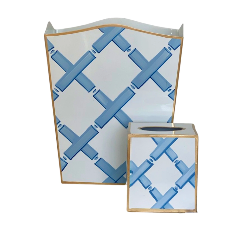 Dana Gibson Blue Lattice Wastebasket and Tissue Box