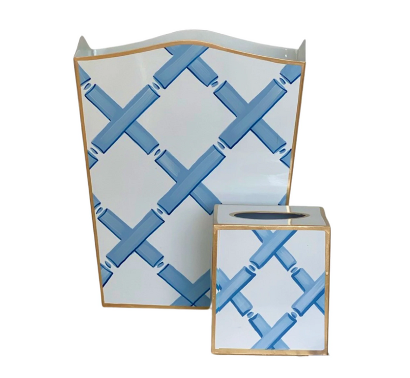 Dana Gibson Blue Lattice Wastebasket and Tissue Box