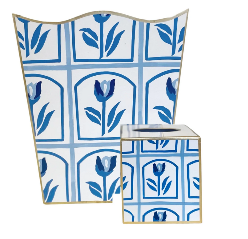 Dana Gibson Tulio in Blue Wastebasket and Tissue Box