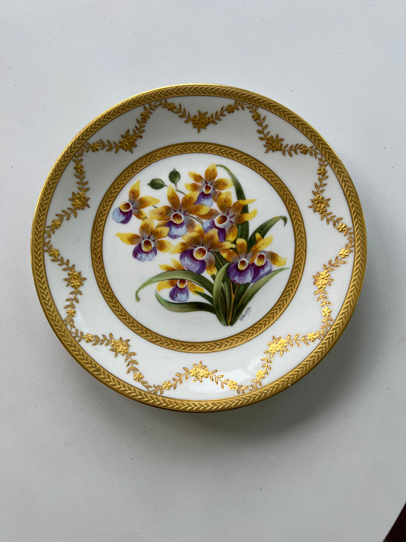 Set Of Ten Limoges Porcelain Orchid Cabinet Plates, 20th Century