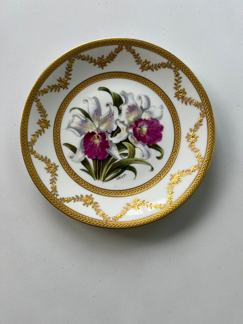 Set Of Ten Limoges Porcelain Orchid Cabinet Plates, 20th Century