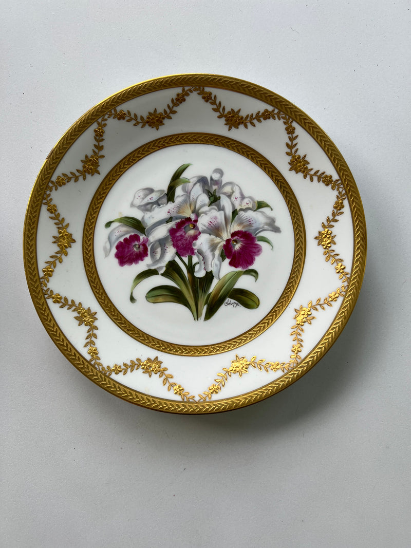 Set Of Ten Limoges Porcelain Orchid Cabinet Plates, 20th Century