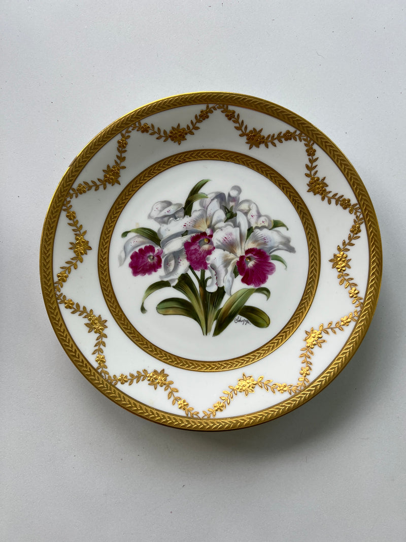 Set Of Ten Limoges Porcelain Orchid Cabinet Plates, 20th Century