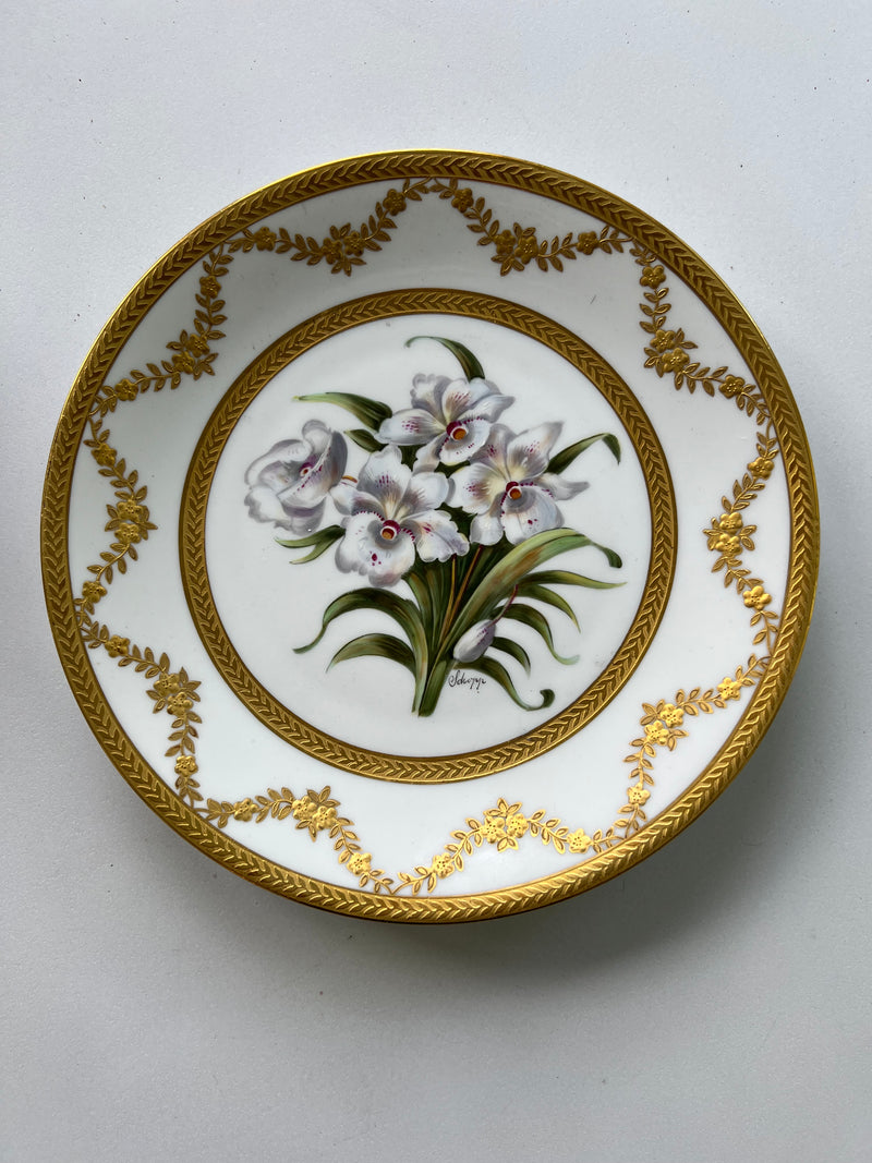 Set Of Ten Limoges Porcelain Orchid Cabinet Plates, 20th Century