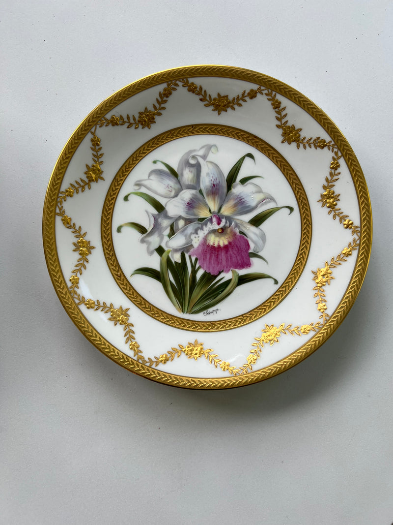 Set Of Ten Limoges Porcelain Orchid Cabinet Plates, 20th Century