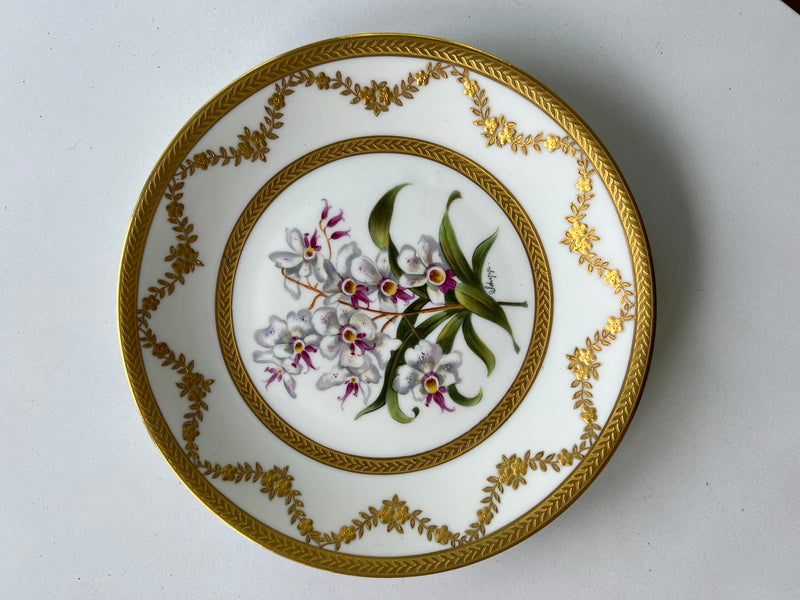 Set Of Ten Limoges Porcelain Orchid Cabinet Plates, 20th Century