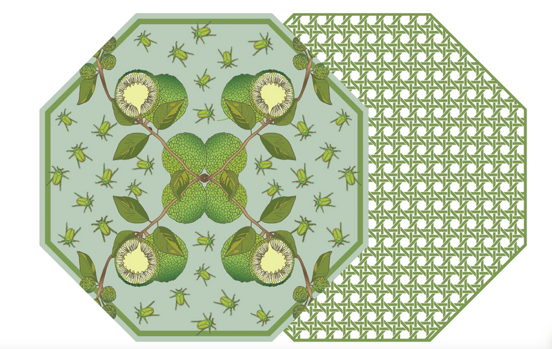 Octagonal Two Sided Cotton & Quill Osage Orange With Hsh Saxon Green Cane Placemat (Set of 4)